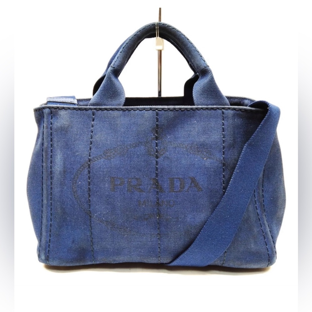 Prada Small Canapa Classic Logo Structured Shopper Tote Bag Dark Blue Denim GHW